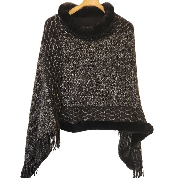 Sweaters - Poncho Shawl Black White Faux Fur Fringe Soft Cozy Layer Boho Festival Cute